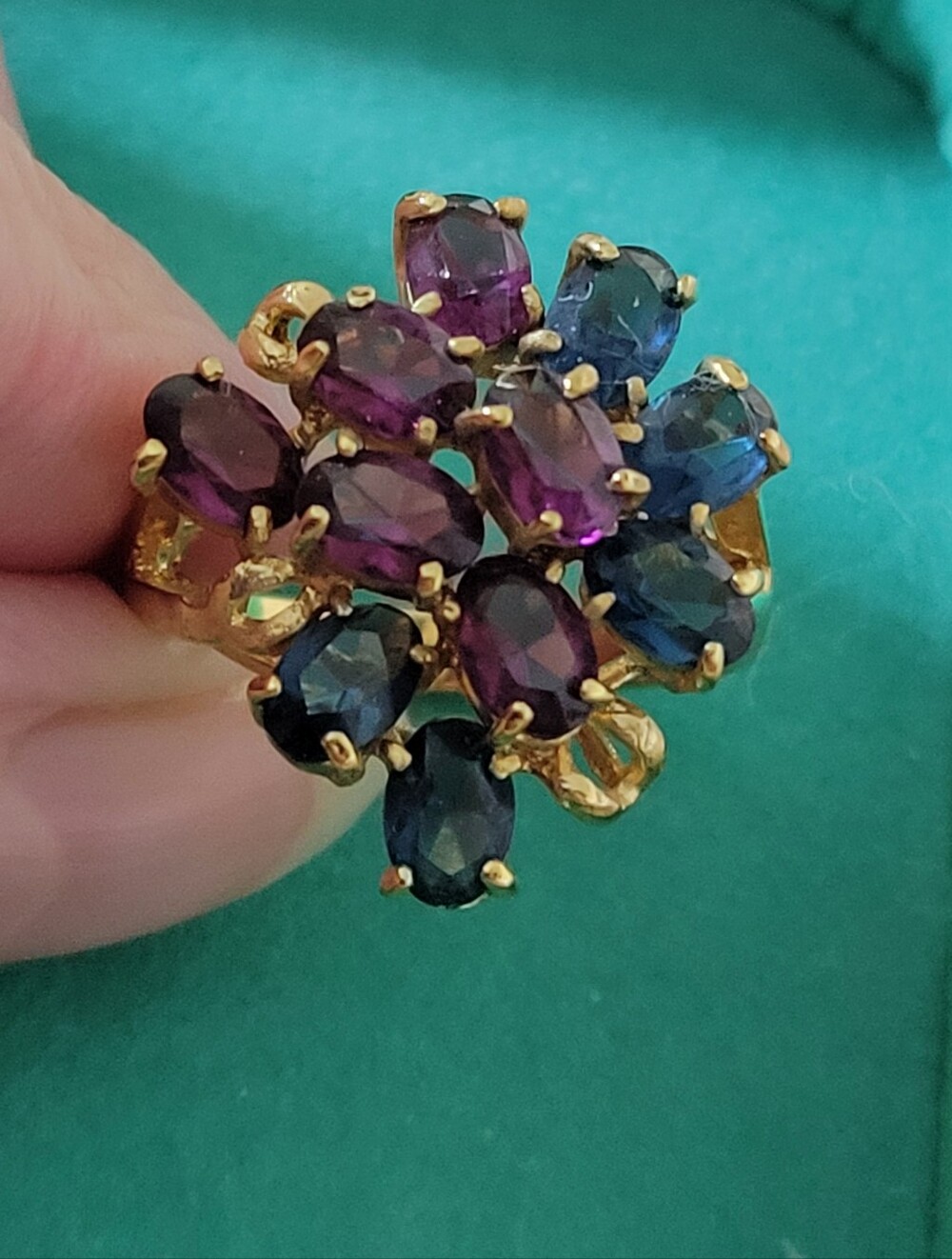 Gold-Tone Cluster Ring with Amethyst and Sapphire-Tone Stones